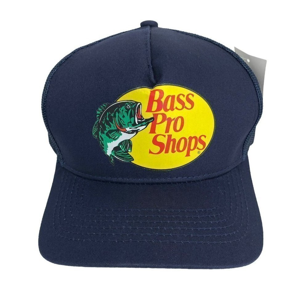 Bass Pro Shops Navy Blue Printed Logo Trucker Mesh Hat Snapback Closure NEW